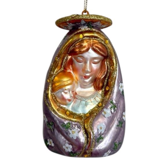 Blown Glass Mother and Child Virgin Mary & Jesus Ornament Gold Purple - Picture 1 of 10